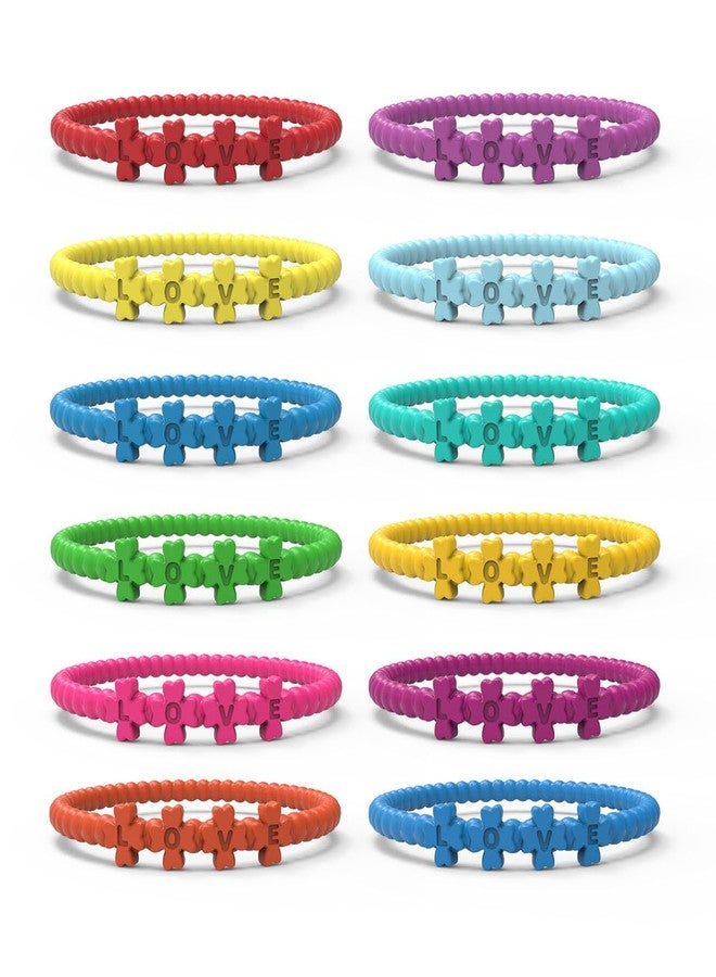 YalsFTY 12 Pack “Love” Clover Silicone Bracelets for Kids & Teens - Colorful Elastic Bead Wristbands, Waterproof, 2.13″ Fit - Image 1